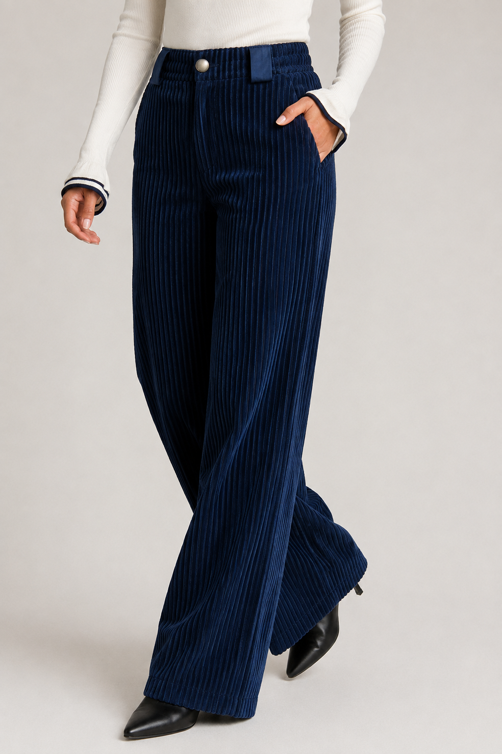 Textured Wide-Leg Trousers in Blue, textured fabric detail