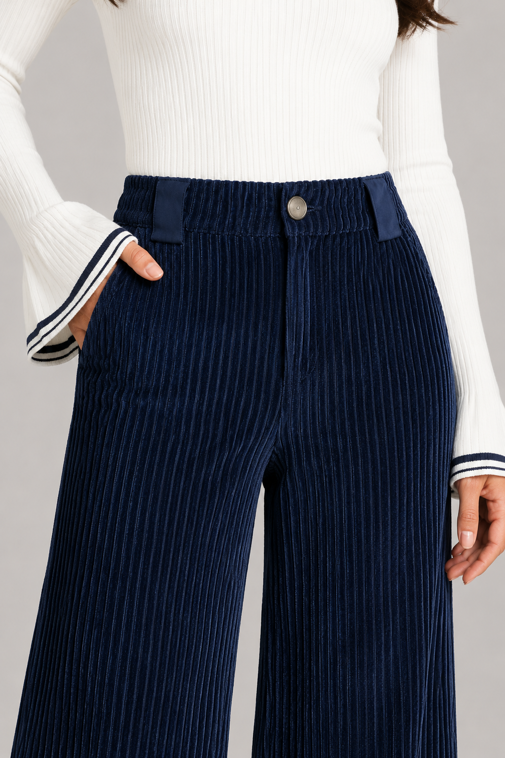 Textured Wide-Leg Trousers in Blue, waistband construction detail