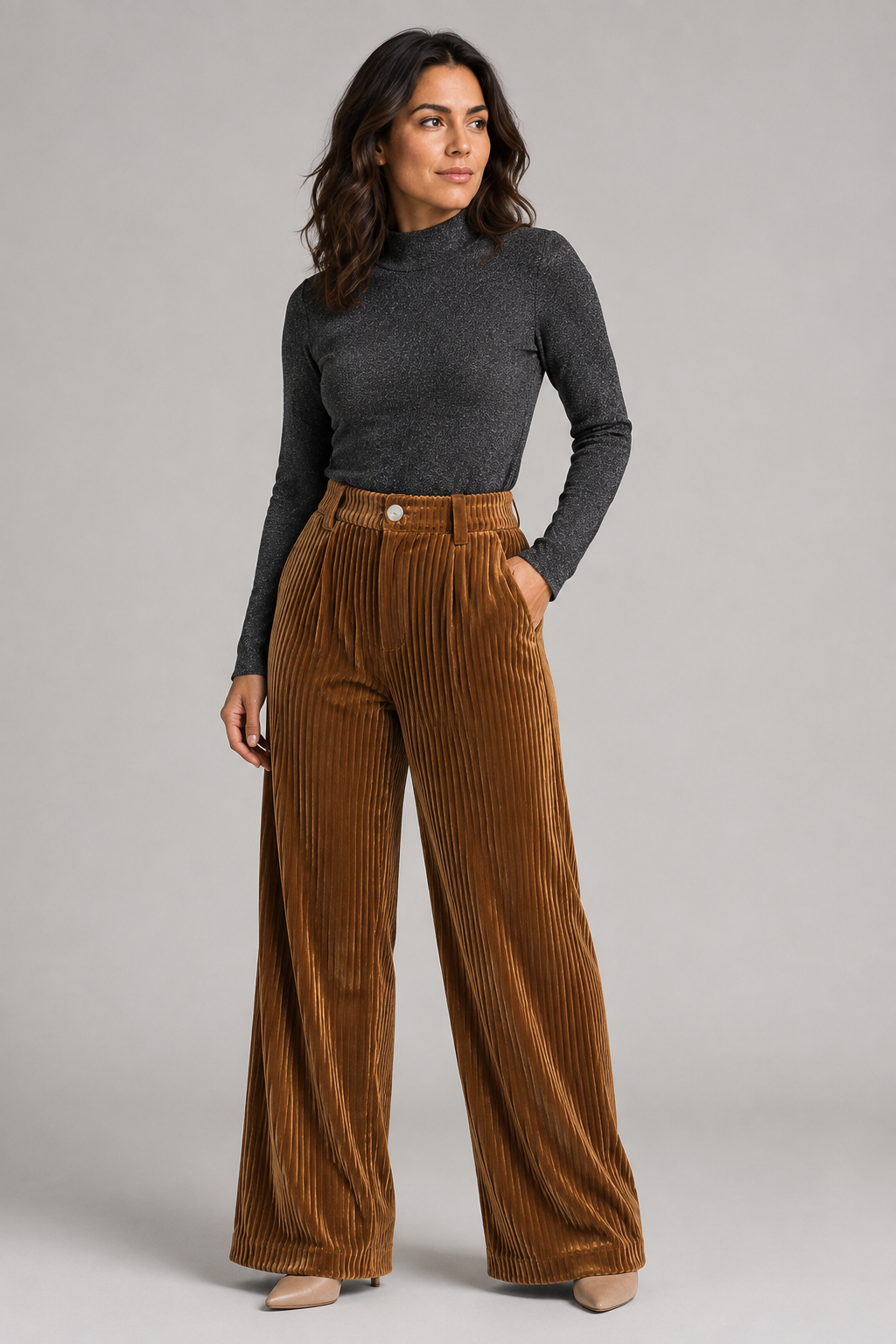 Textured Wide-Leg Trousers in Caramel, front three-quarter view