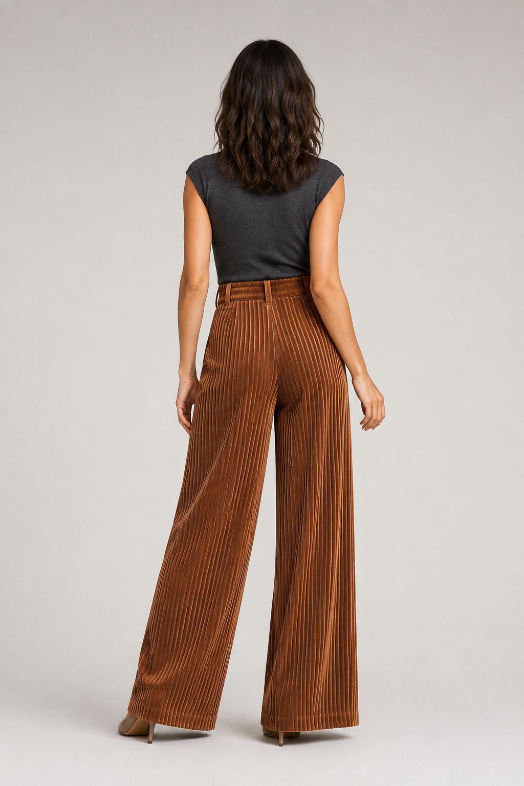 Textured Wide-Leg Trousers in Caramel, back view