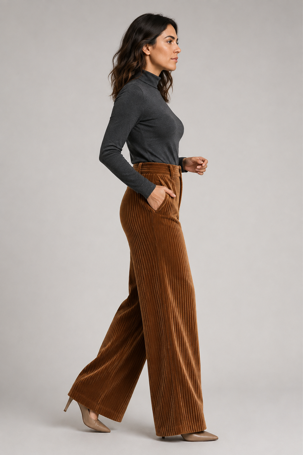 Textured Wide-Leg Trousers in Caramel, side view