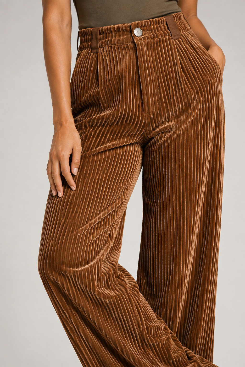 Textured Wide-Leg Trousers in Caramel, textured fabric detail