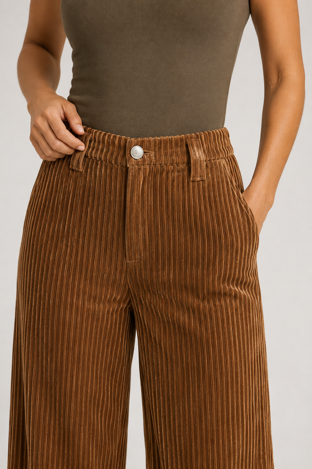 Textured Wide-Leg Trousers in Caramel, waistband construction detail
