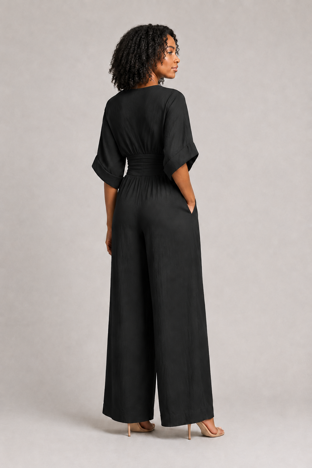 V-Neck High-Waisted Wide-Leg Jumpsuit in Black, back view
