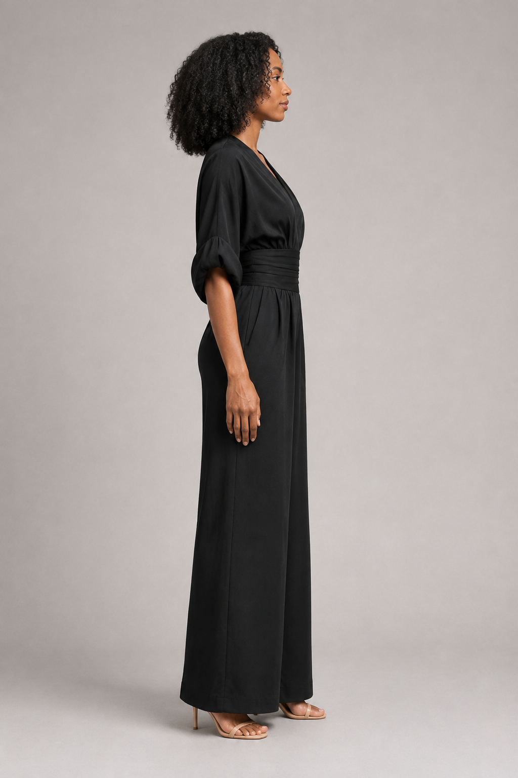V-Neck High-Waisted Wide-Leg Jumpsuit in Black, side view