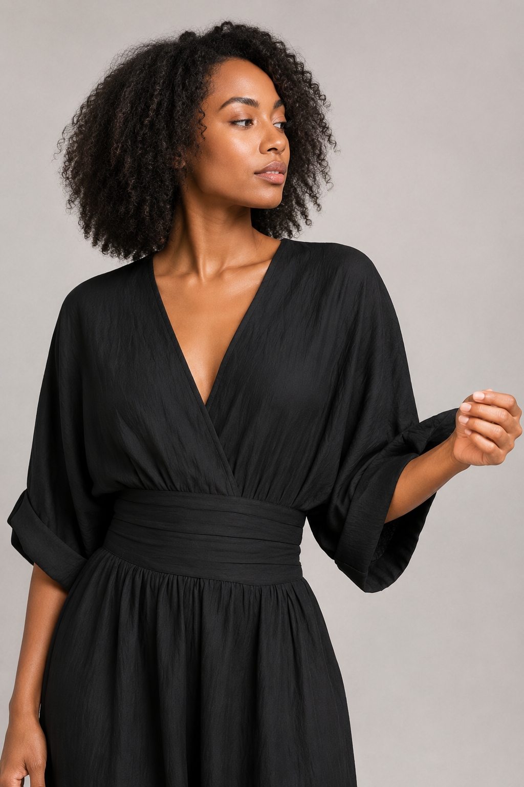 V-Neck High-Waisted Wide-Leg Jumpsuit in Black, fabric detail