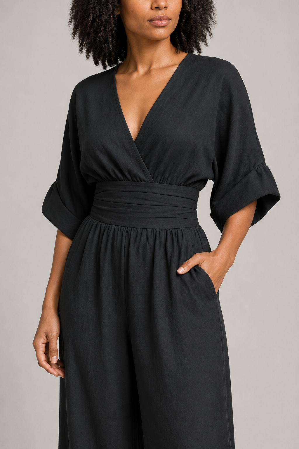 V-Neck High-Waisted Wide-Leg Jumpsuit in Black, waistband construction detail
