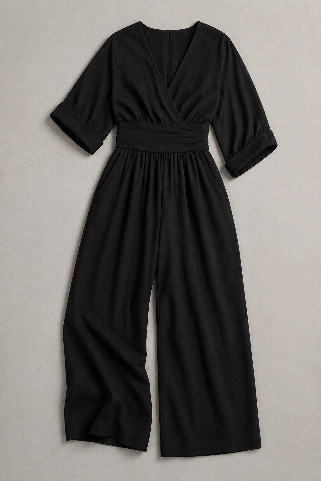V-Neck High-Waisted Wide-Leg Jumpsuit in Black, flat lay