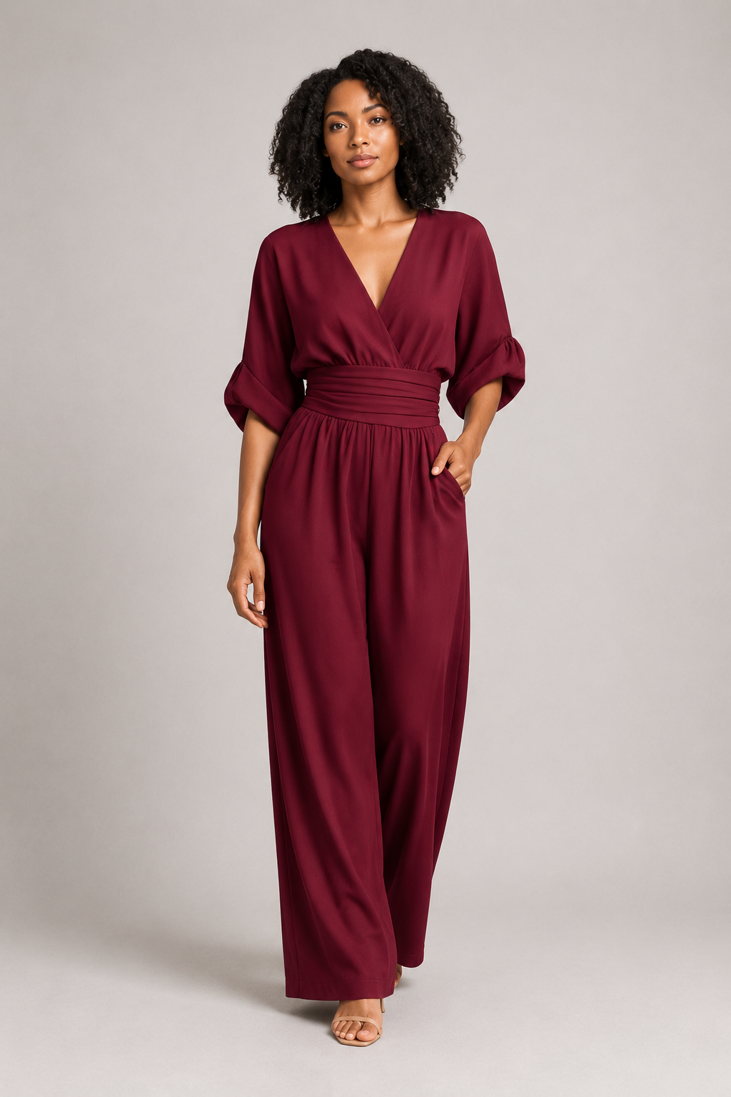 V-Neck High-Waisted Wide-Leg Jumpsuit in Burgundy, front three-quarter view