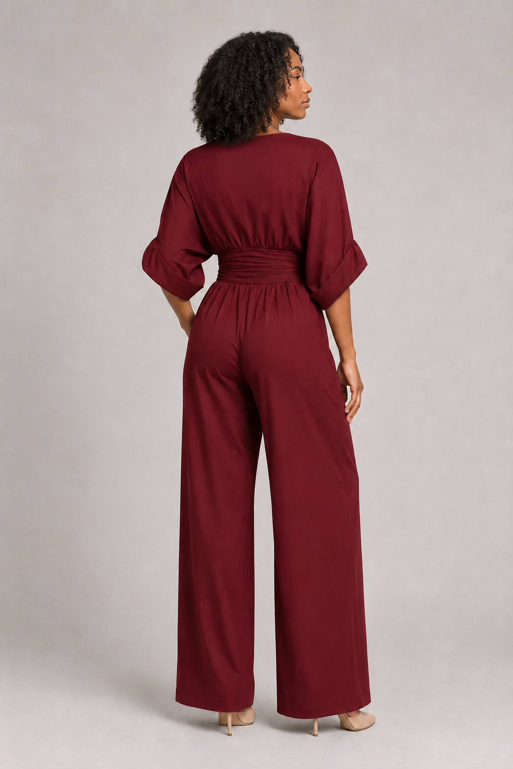 V-Neck High-Waisted Wide-Leg Jumpsuit in Burgundy, back view