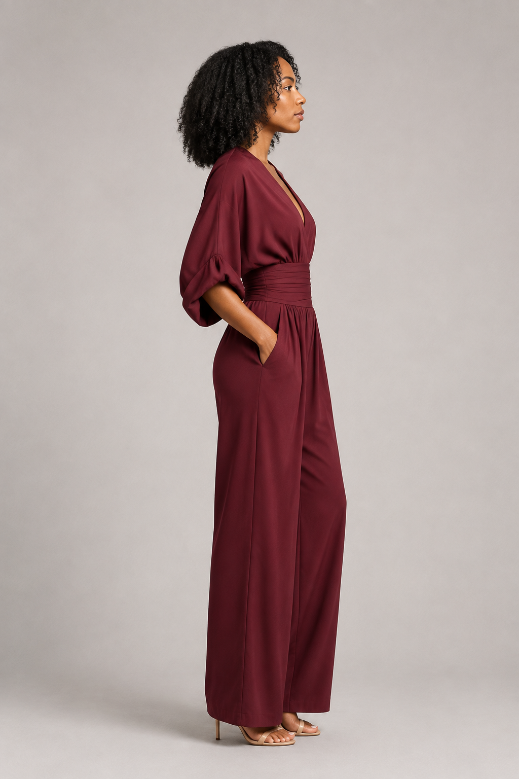 V-Neck High-Waisted Wide-Leg Jumpsuit in Burgundy, side view