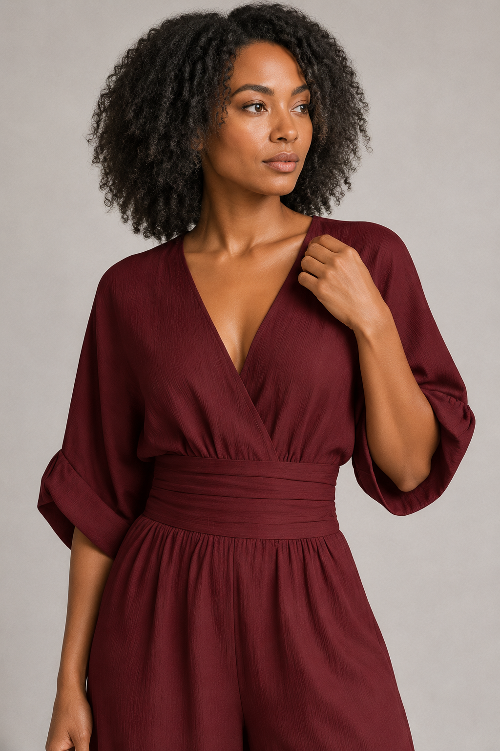 V-Neck High-Waisted Wide-Leg Jumpsuit in Burgundy, fabric detail