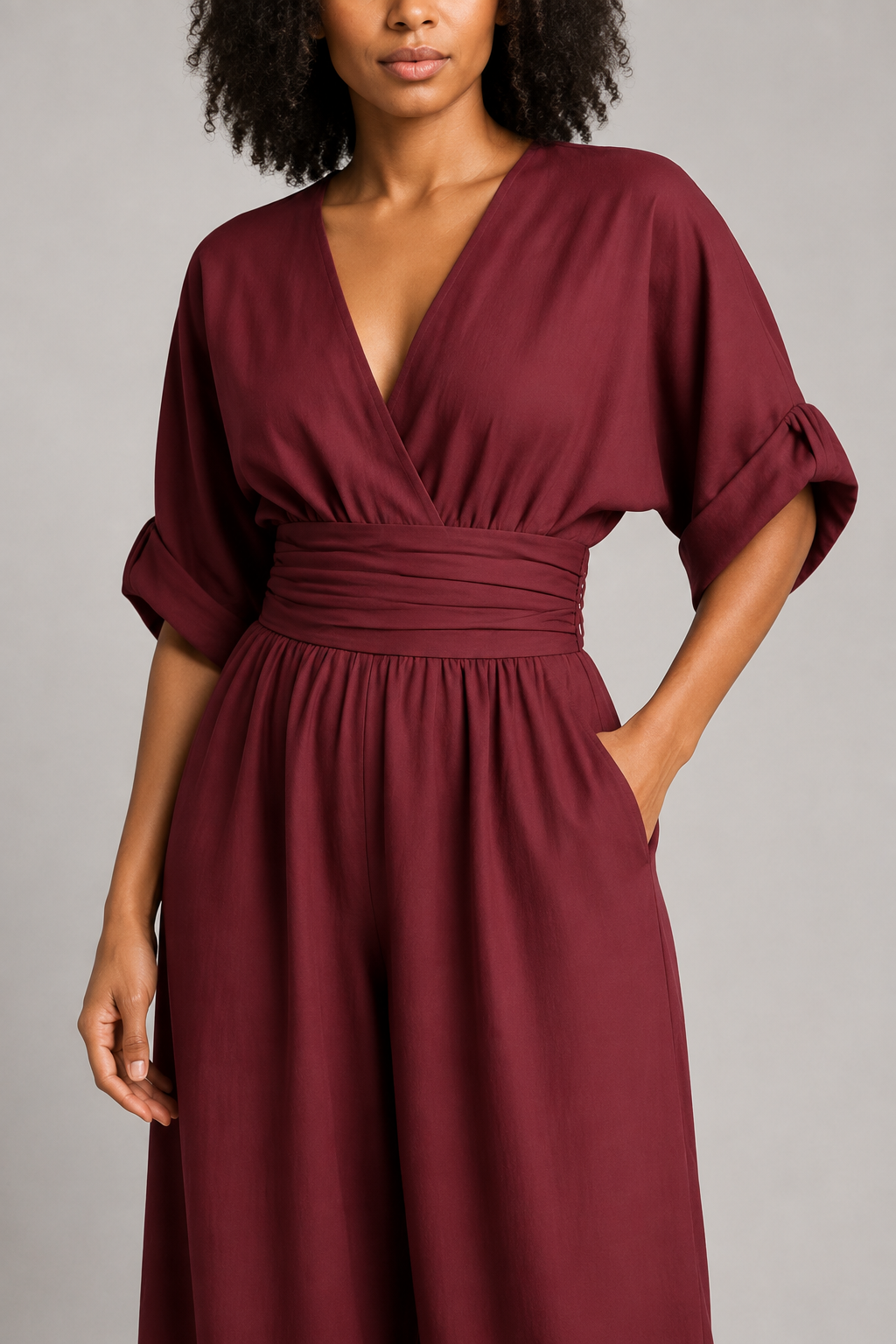 V-Neck High-Waisted Wide-Leg Jumpsuit in Burgundy, waistband construction detail