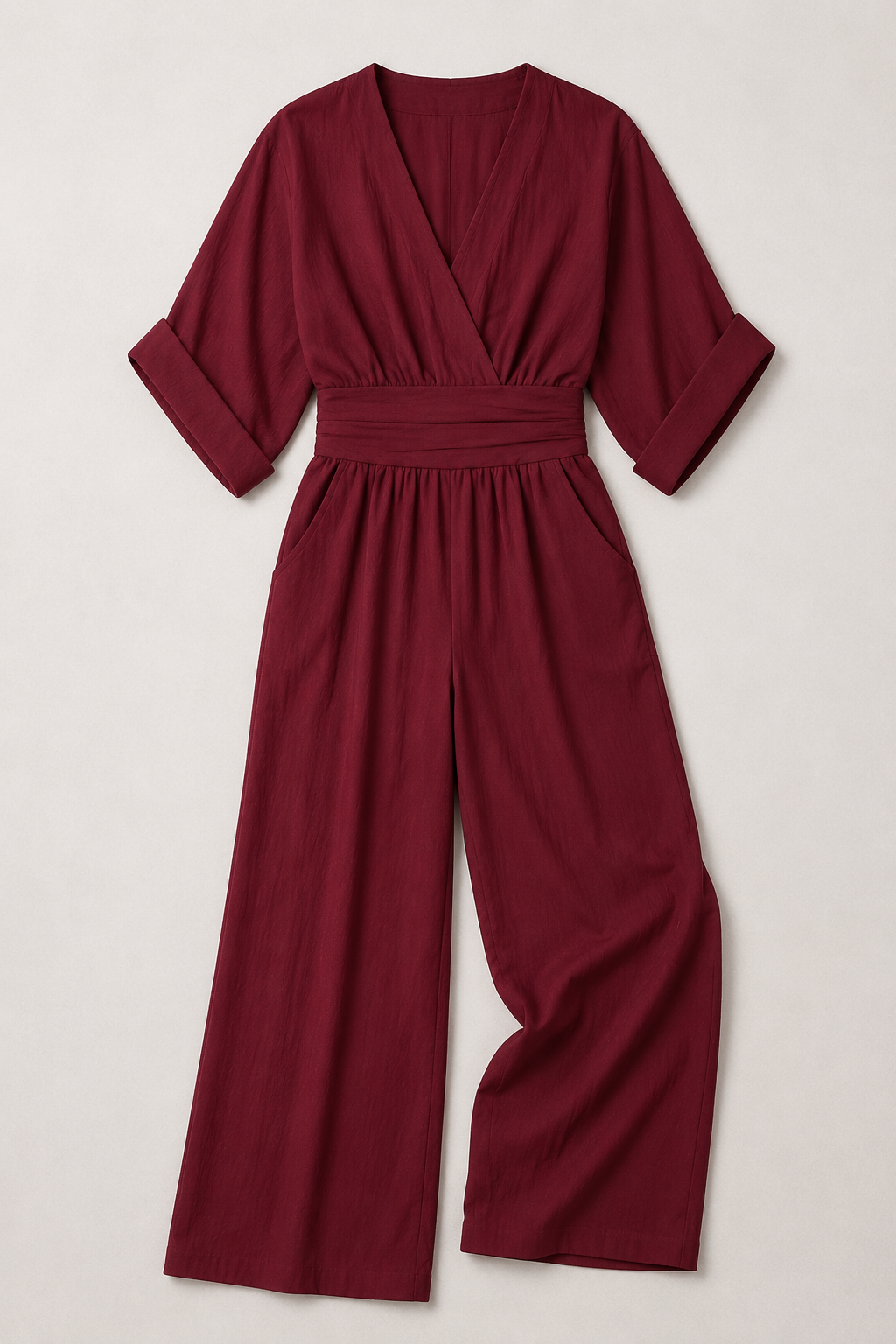 V-Neck High-Waisted Wide-Leg Jumpsuit in Burgundy, flat lay
