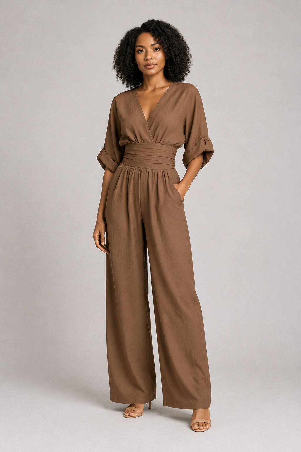 V-Neck High-Waisted Wide-Leg Jumpsuit in Dark Brown, front three-quarter view