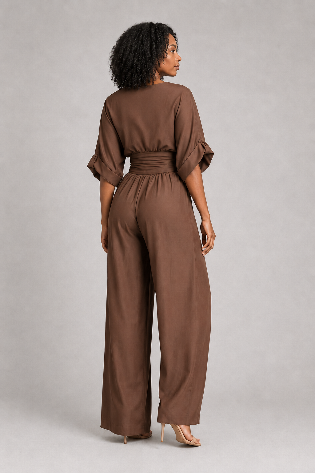 V-Neck High-Waisted Wide-Leg Jumpsuit in Dark Brown, back view