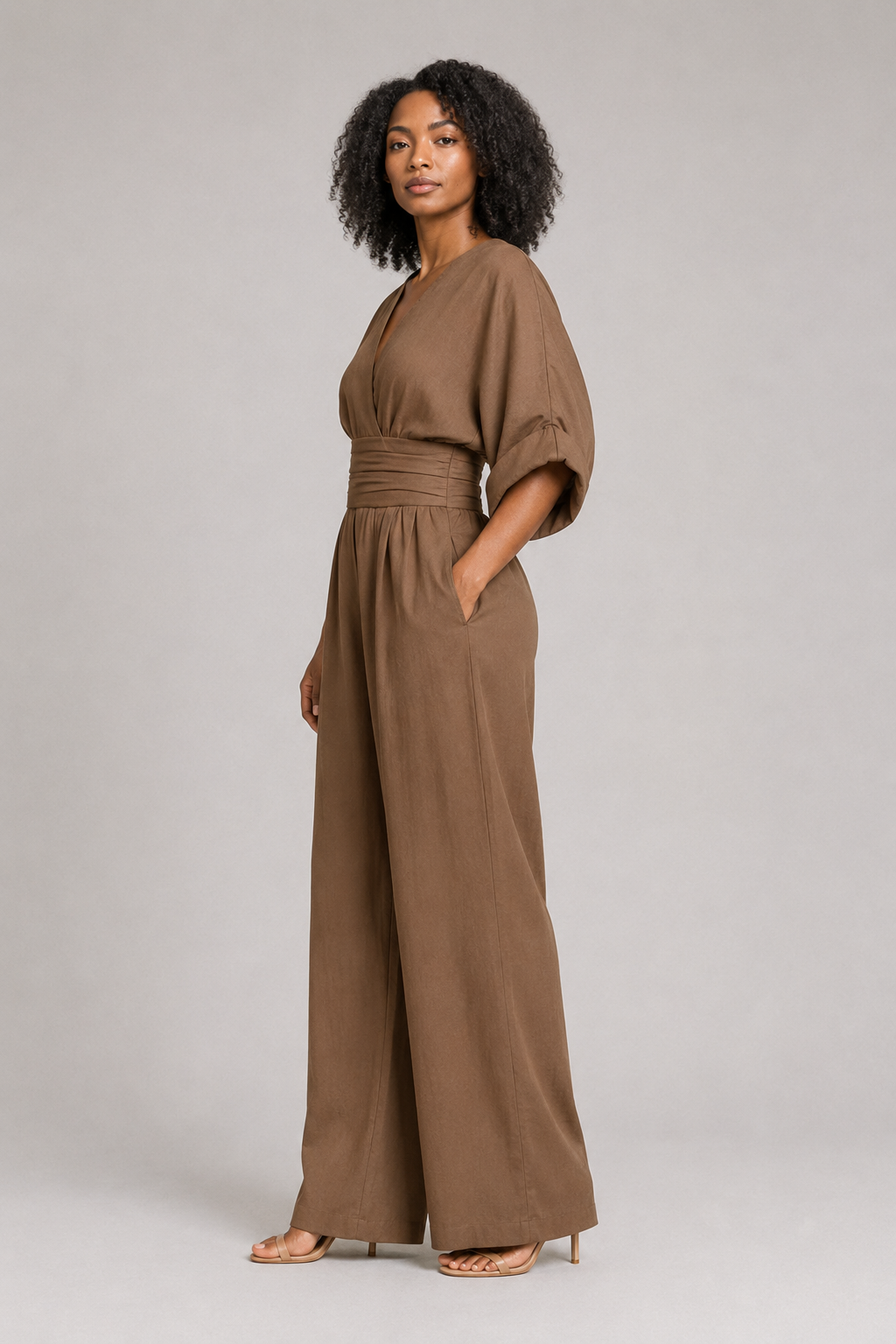 V-Neck High-Waisted Wide-Leg Jumpsuit in Dark Brown, side view