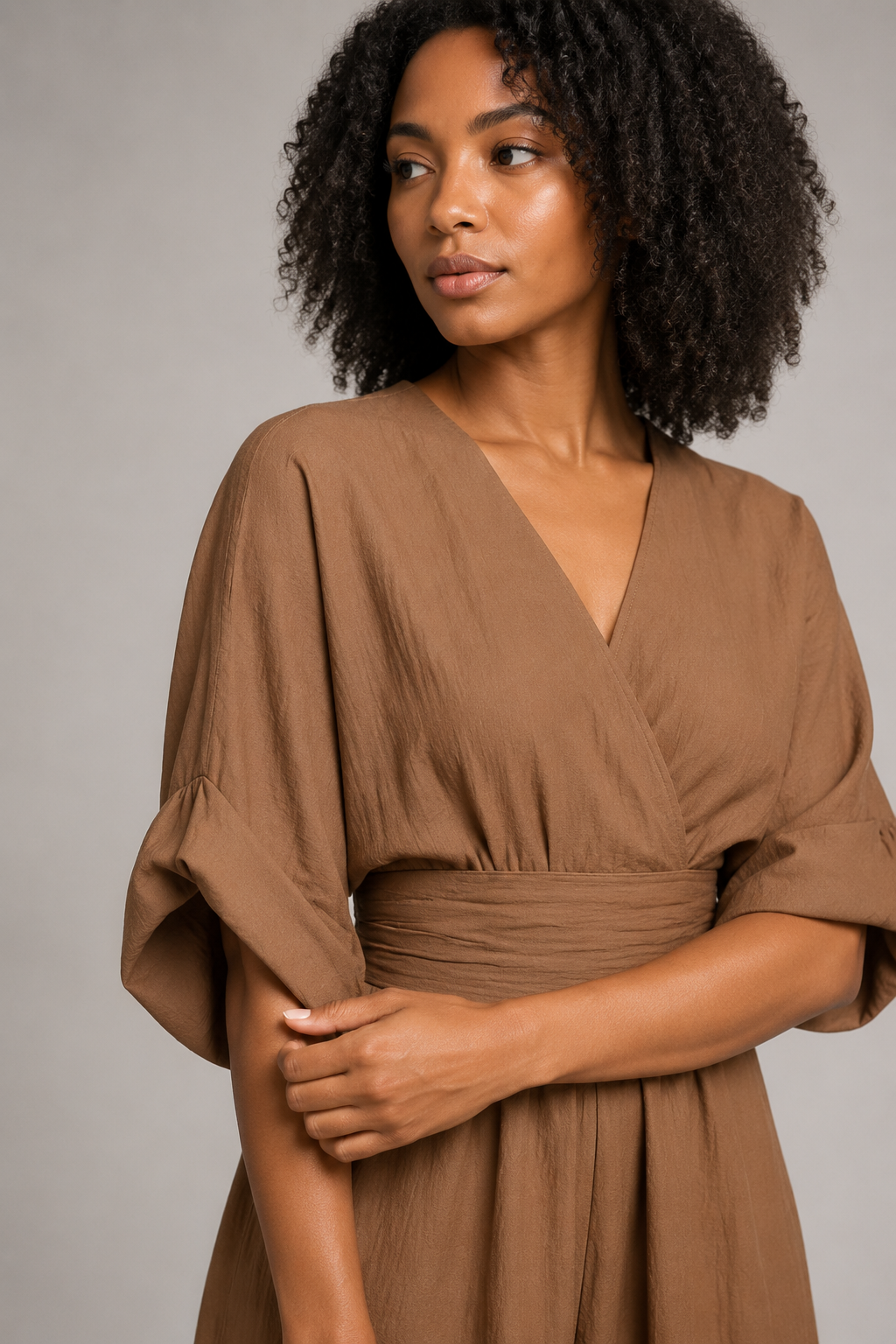 V-Neck High-Waisted Wide-Leg Jumpsuit in Dark Brown, fabric detail
