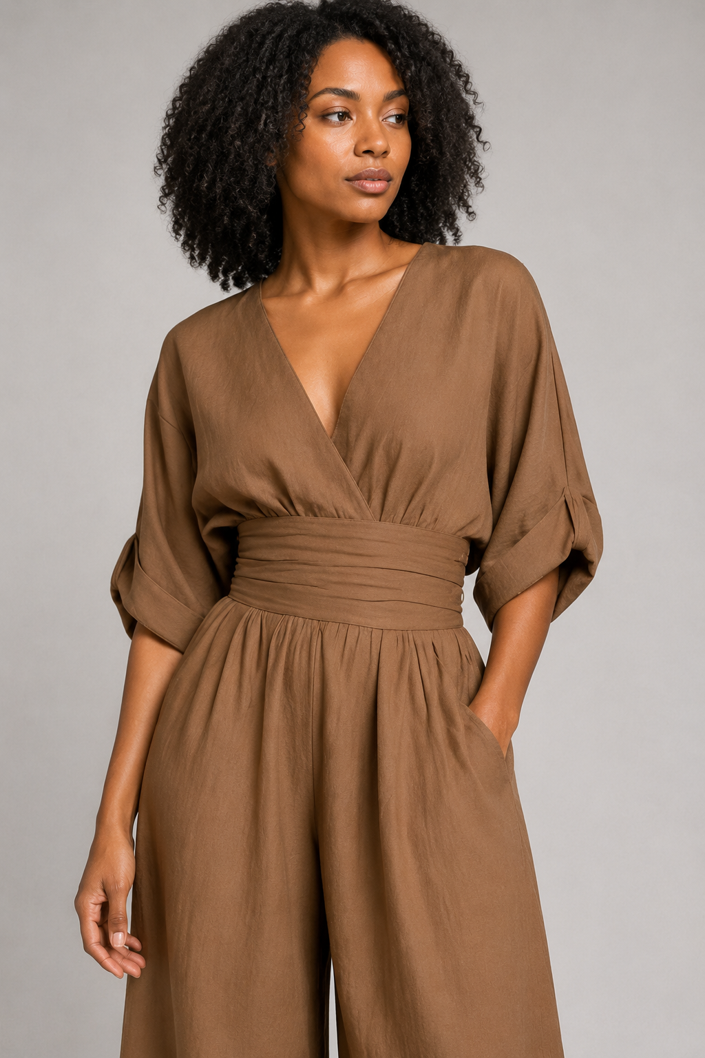 V-Neck High-Waisted Wide-Leg Jumpsuit in Dark Brown, waistband construction detail