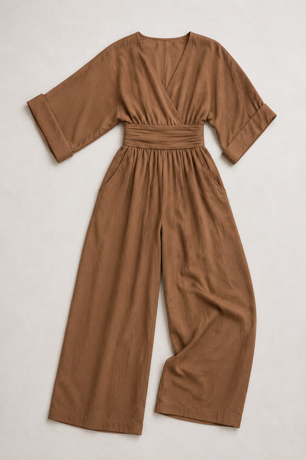 V-Neck High-Waisted Wide-Leg Jumpsuit in Dark Brown, flat lay