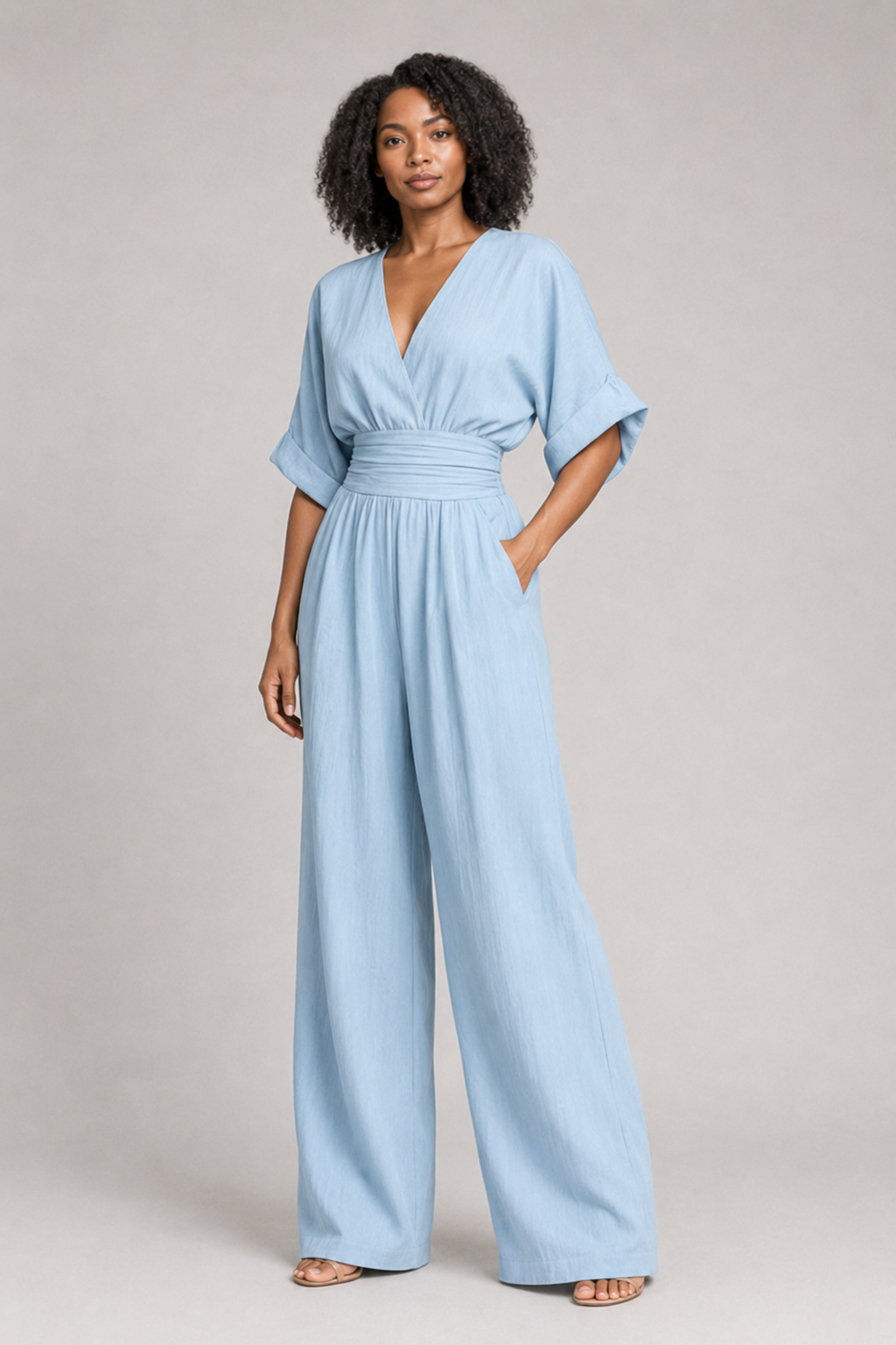 V-Neck High-Waisted Wide-Leg Jumpsuit in Light Blue, front three-quarter view