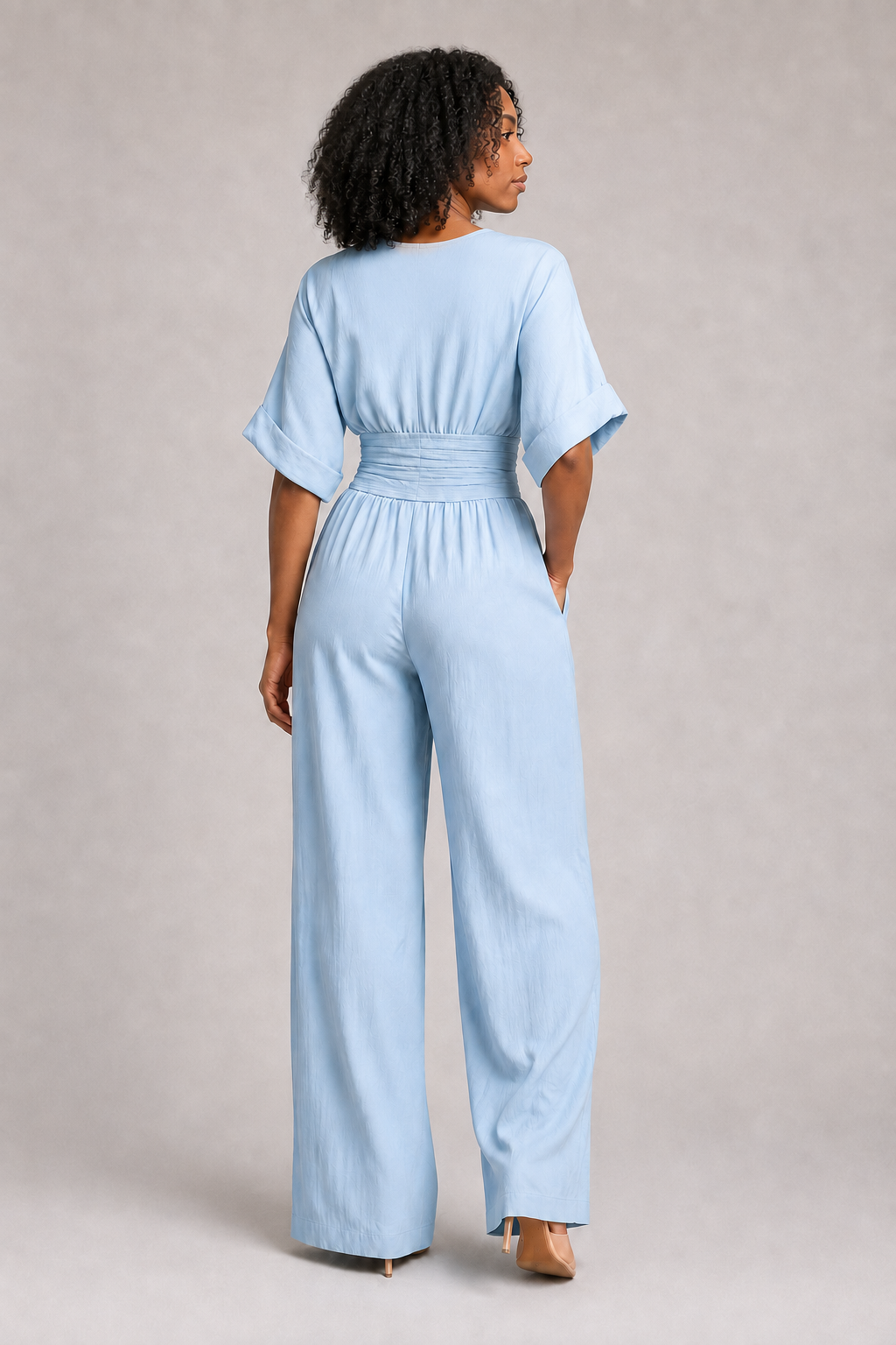 V-Neck High-Waisted Wide-Leg Jumpsuit in Light Blue, back view
