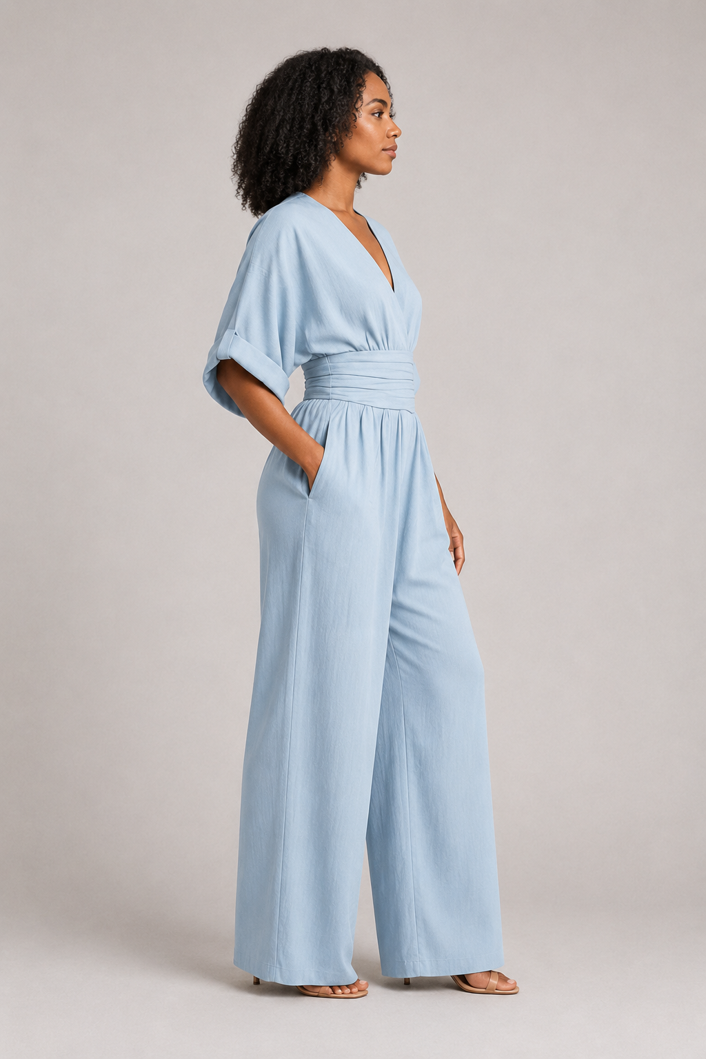 V-Neck High-Waisted Wide-Leg Jumpsuit in Light Blue, side view
