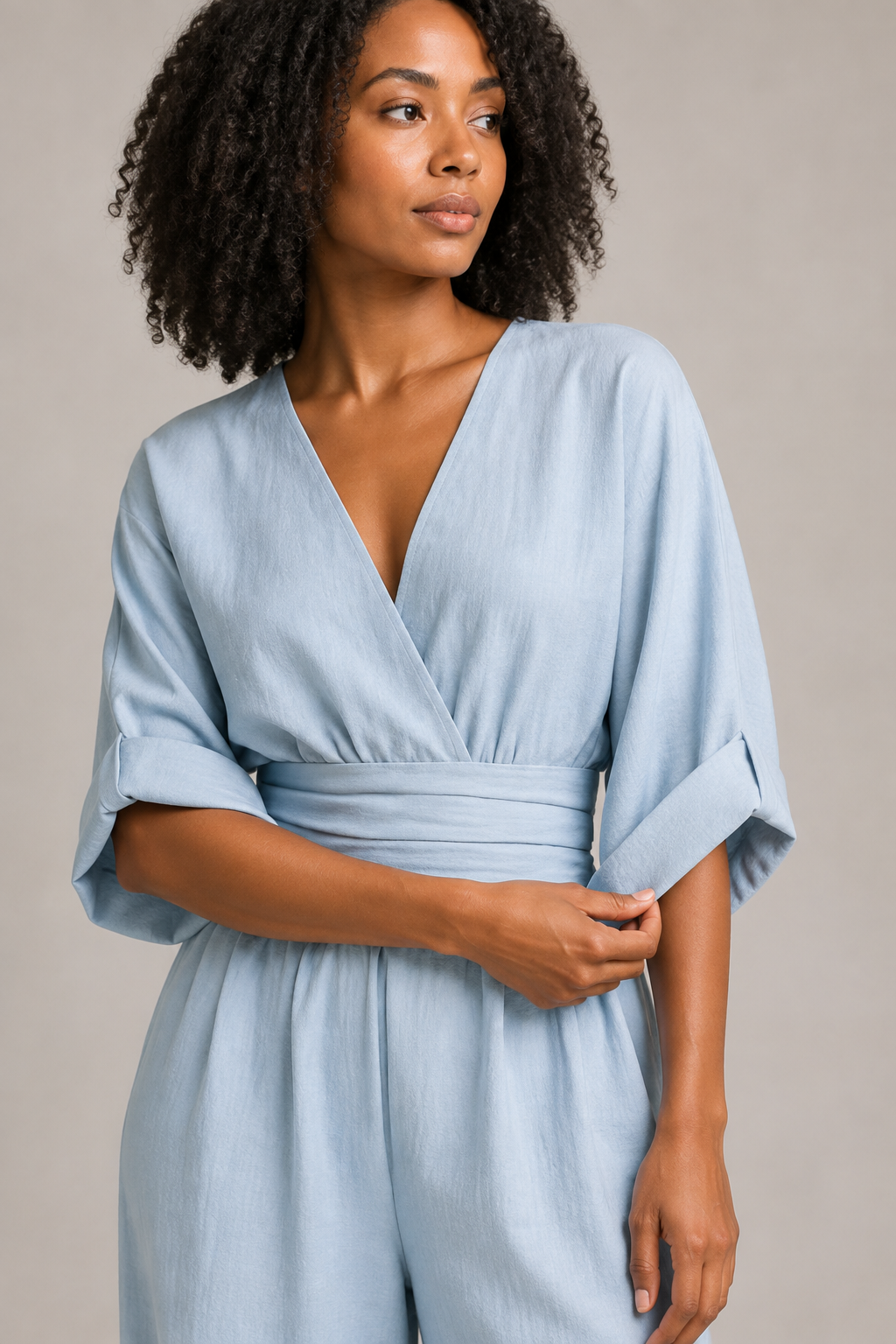 V-Neck High-Waisted Wide-Leg Jumpsuit in Light Blue, fabric detail