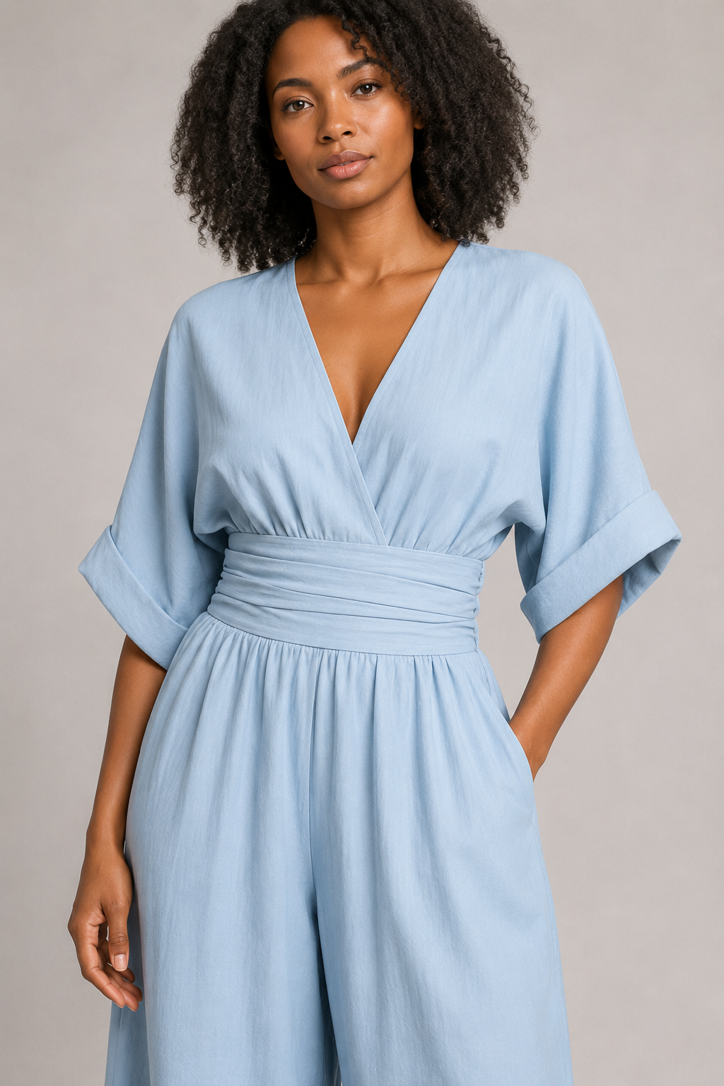 V-Neck High-Waisted Wide-Leg Jumpsuit in Light Blue, waistband construction detail