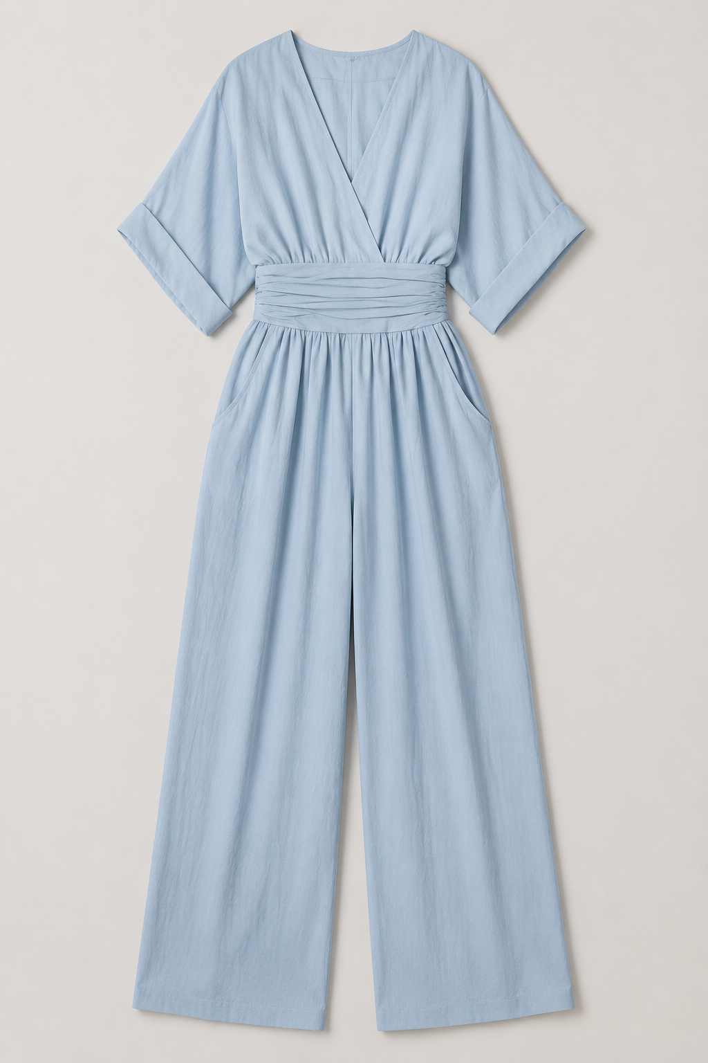 V-Neck High-Waisted Wide-Leg Jumpsuit in Light Blue, flat lay