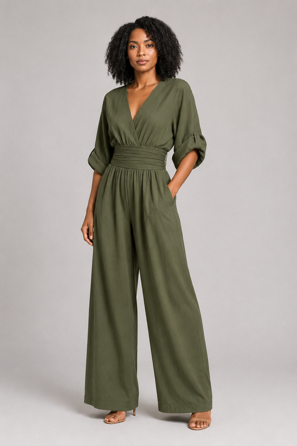 V-Neck High-Waisted Wide-Leg Jumpsuit in Military Green, front three-quarter view