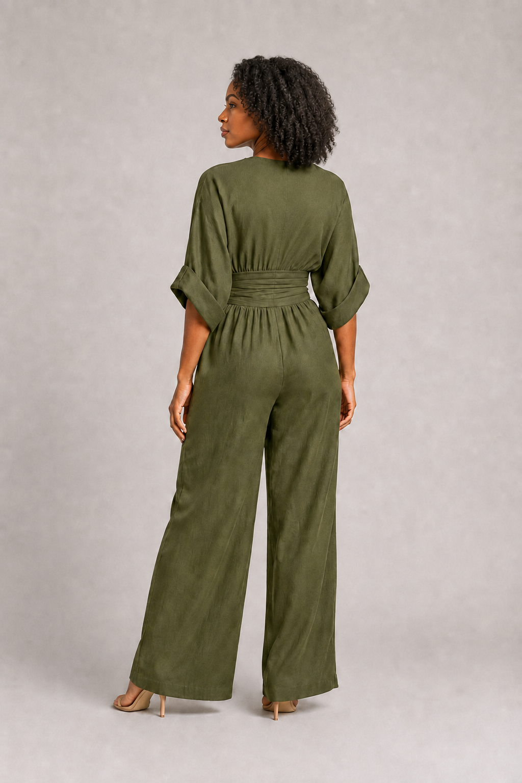 V-Neck High-Waisted Wide-Leg Jumpsuit in Military Green, back view
