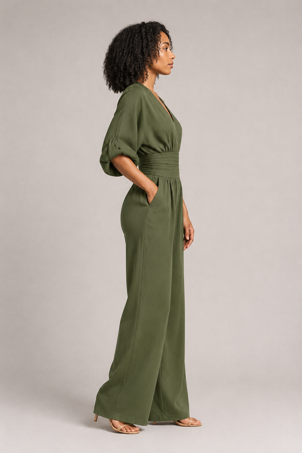 V-Neck High-Waisted Wide-Leg Jumpsuit in Military Green, side view