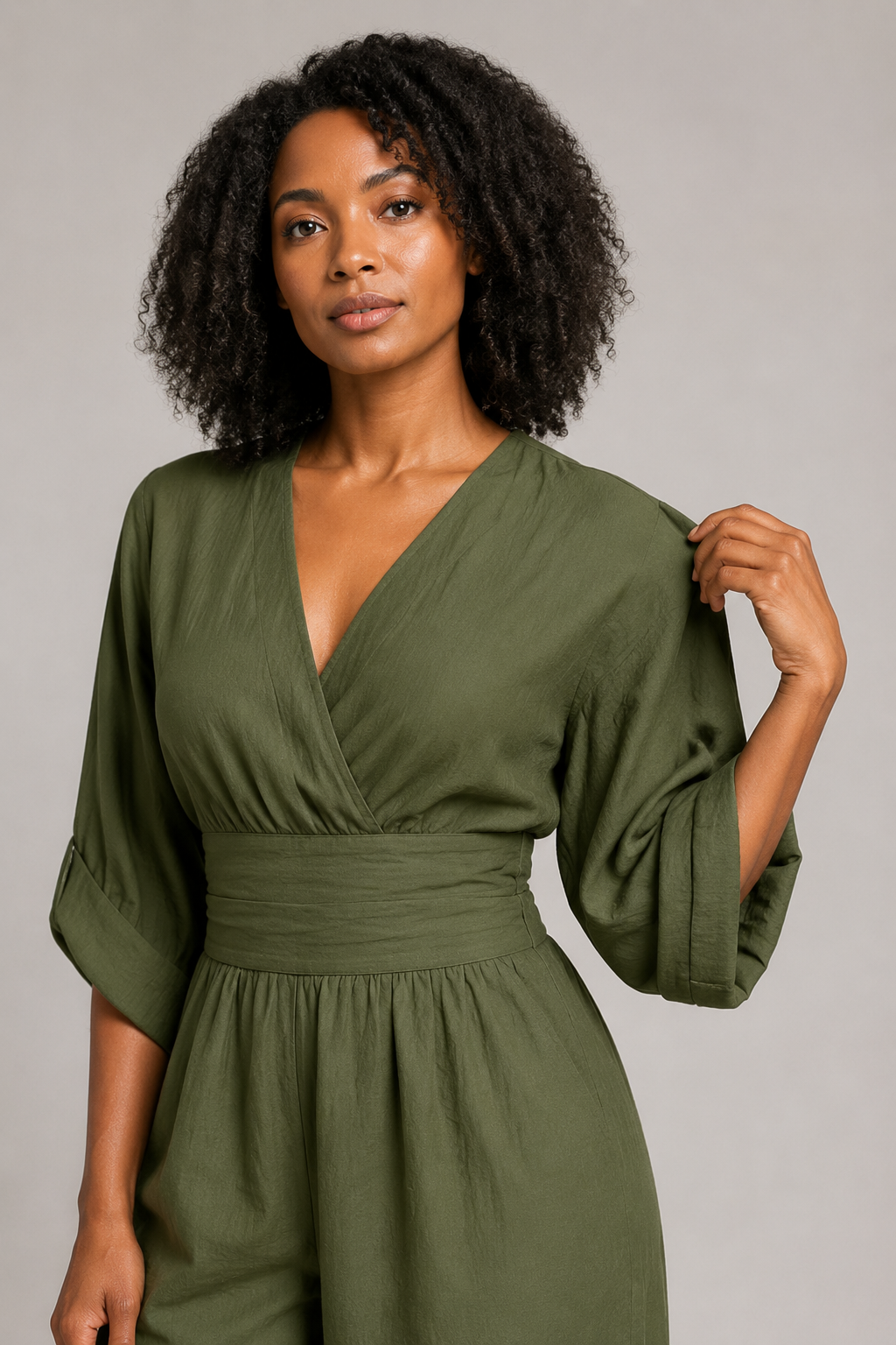 V-Neck High-Waisted Wide-Leg Jumpsuit in Military Green, fabric detail