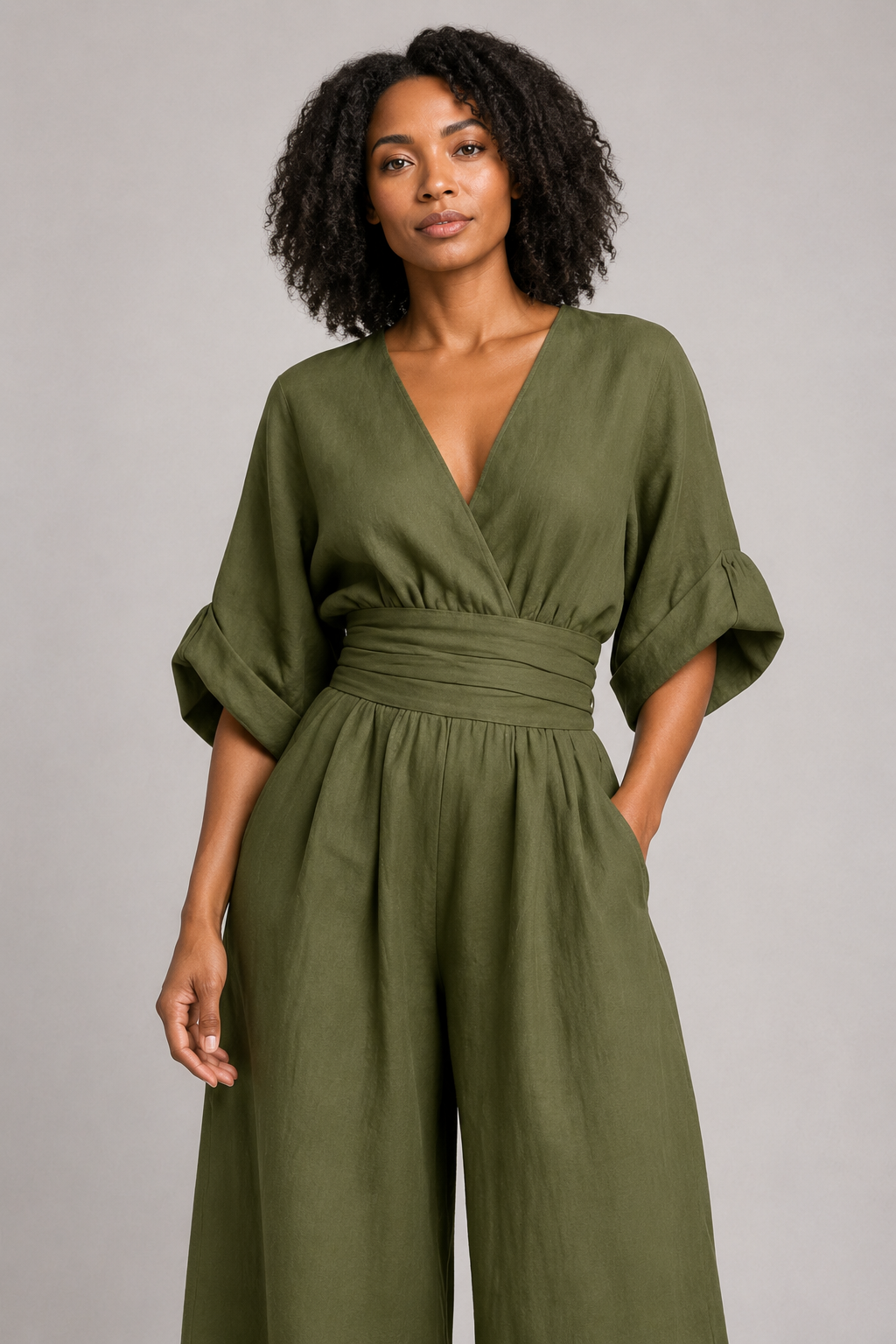 V-Neck High-Waisted Wide-Leg Jumpsuit in Military Green, waistband construction detail