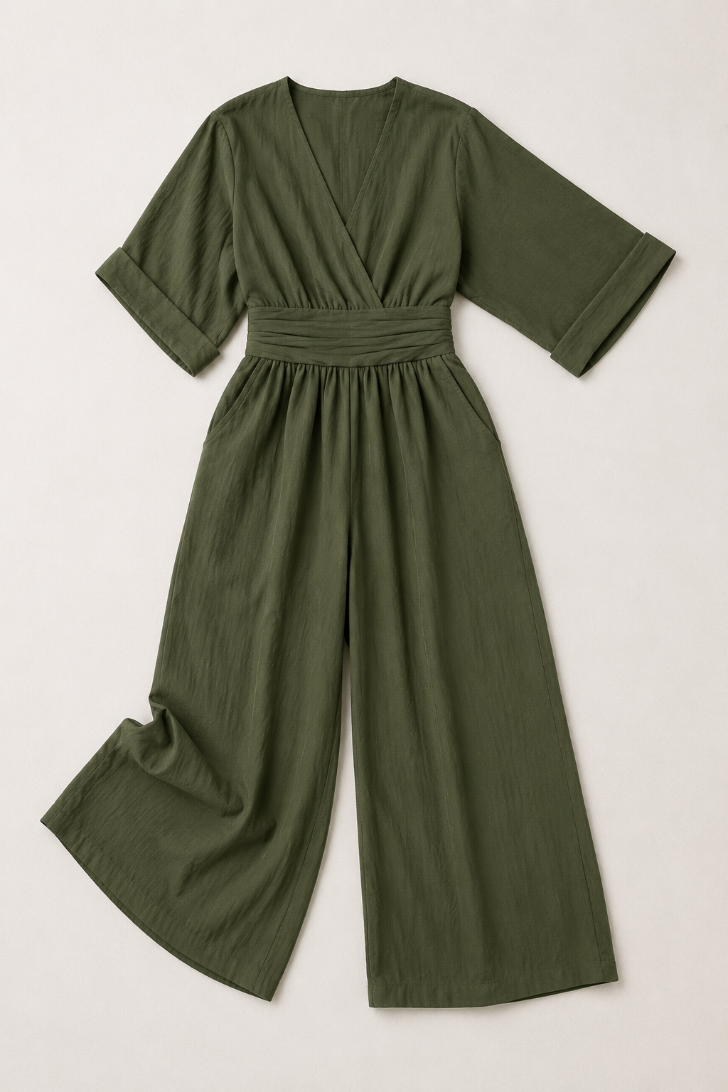 V-Neck High-Waisted Wide-Leg Jumpsuit in Military Green, flat lay