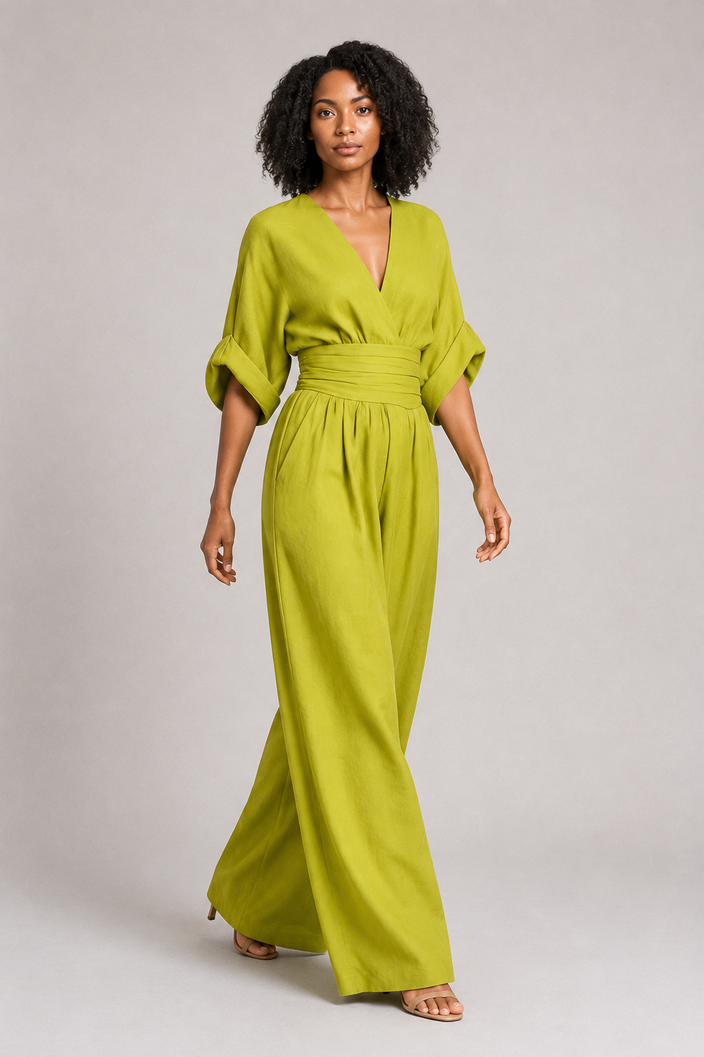 V-Neck High-Waisted Wide-Leg Jumpsuit in Olive, front three-quarter view