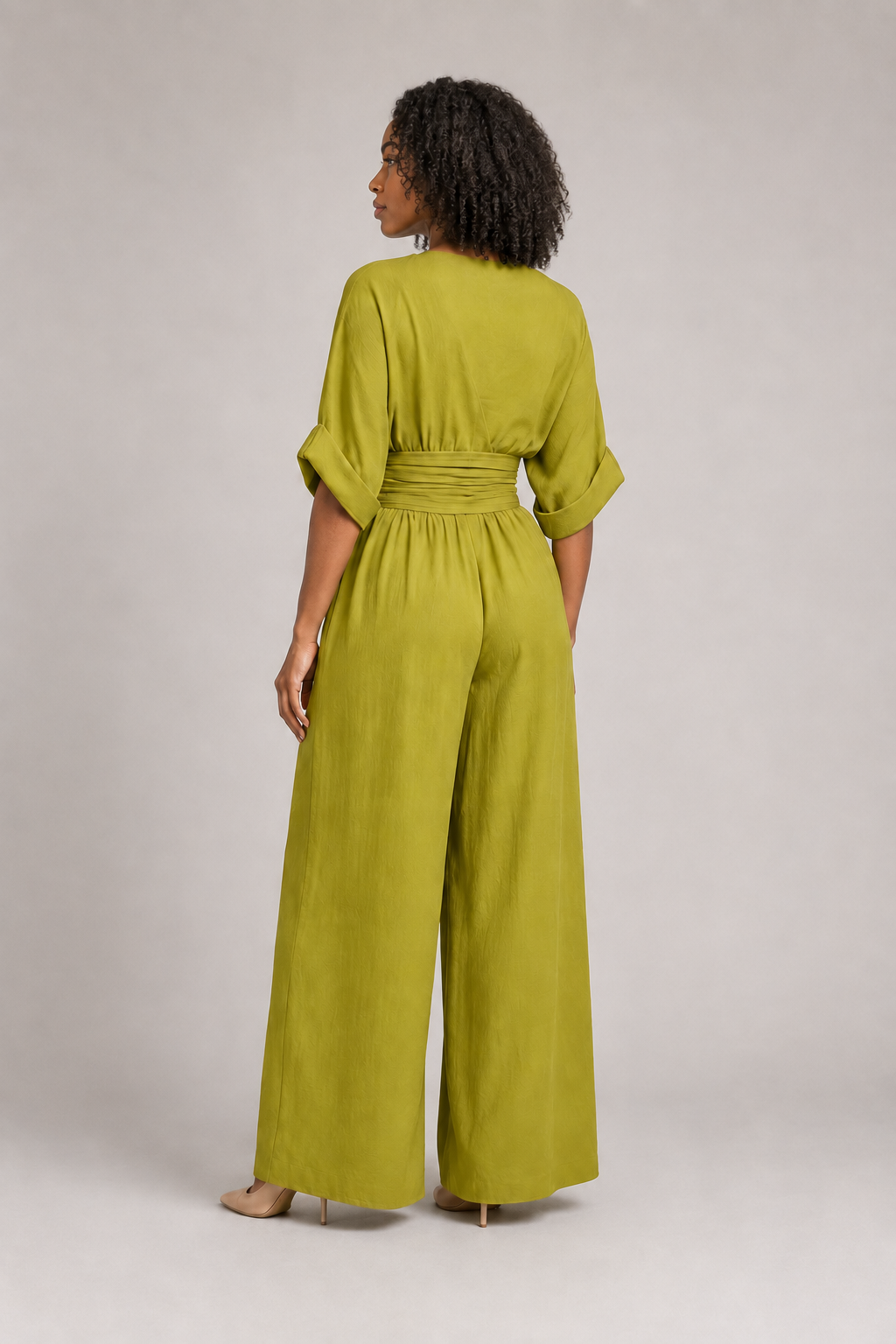 V-Neck High-Waisted Wide-Leg Jumpsuit in Olive, back view