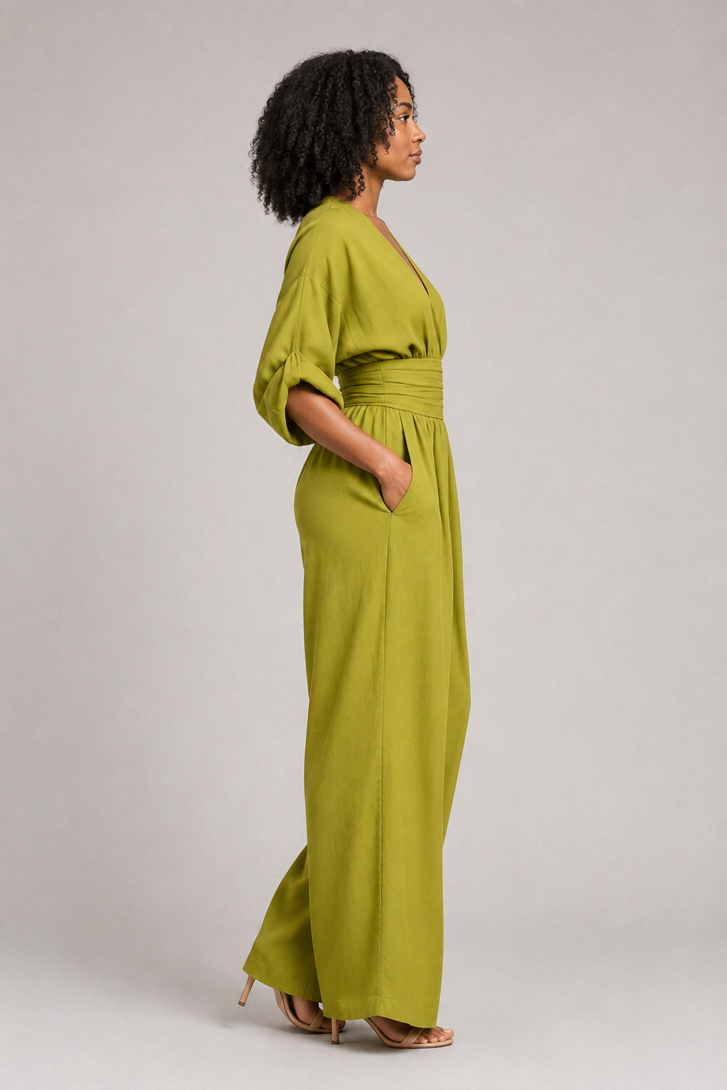 V-Neck High-Waisted Wide-Leg Jumpsuit in Olive, side view
