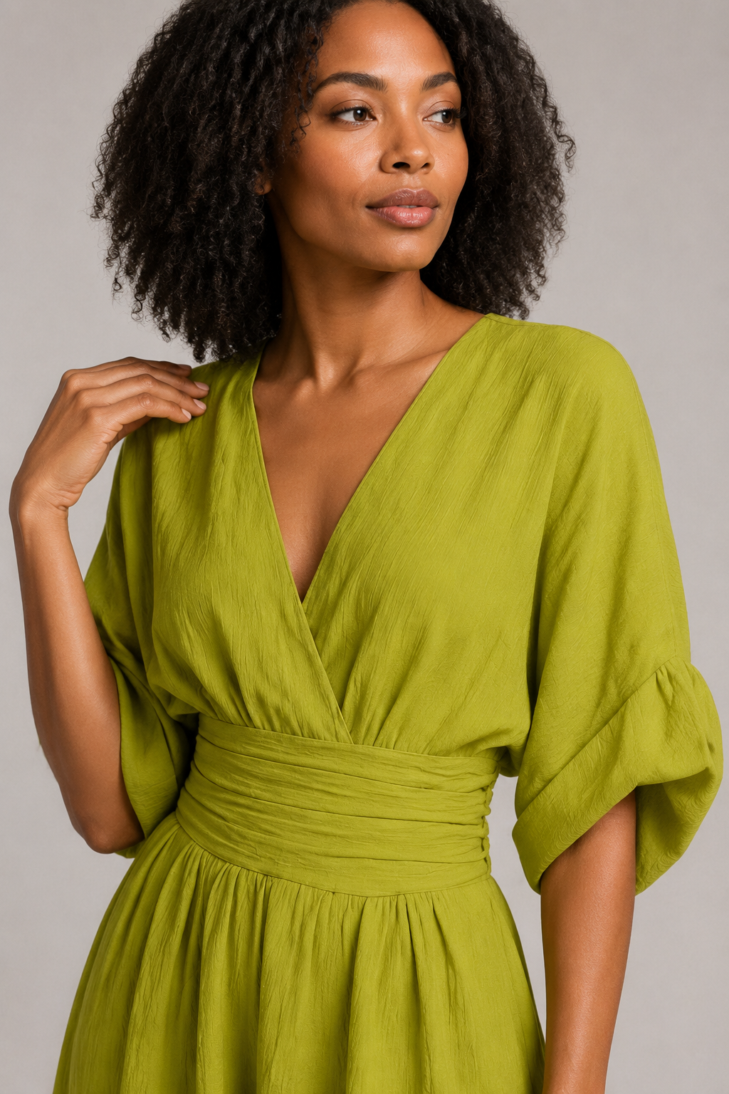 V-Neck High-Waisted Wide-Leg Jumpsuit in Olive, fabric detail