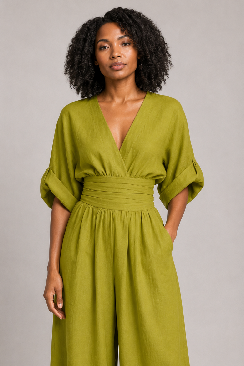 V-Neck High-Waisted Wide-Leg Jumpsuit in Olive, waistband construction detail