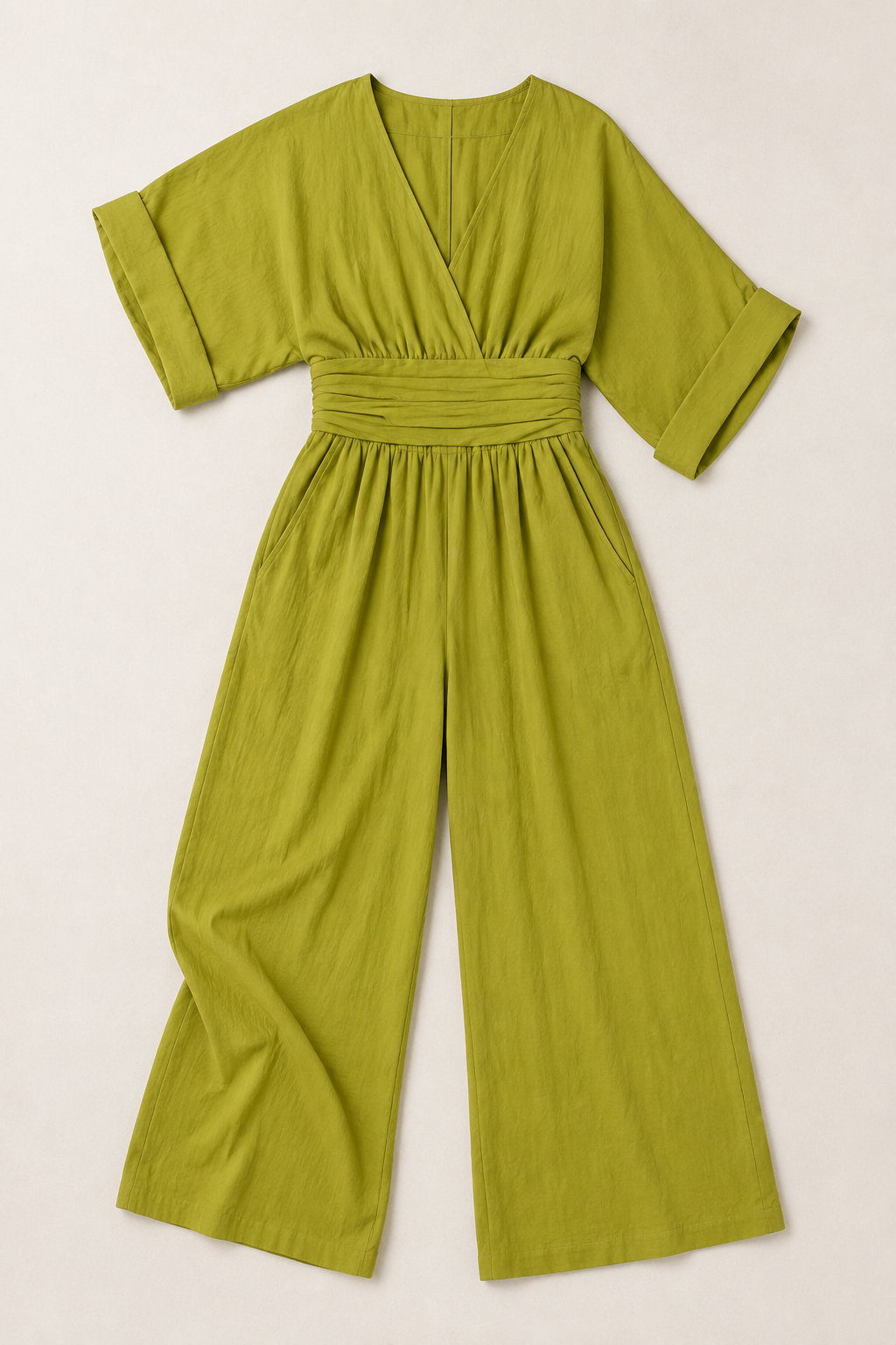 V-Neck High-Waisted Wide-Leg Jumpsuit in Olive, flat lay