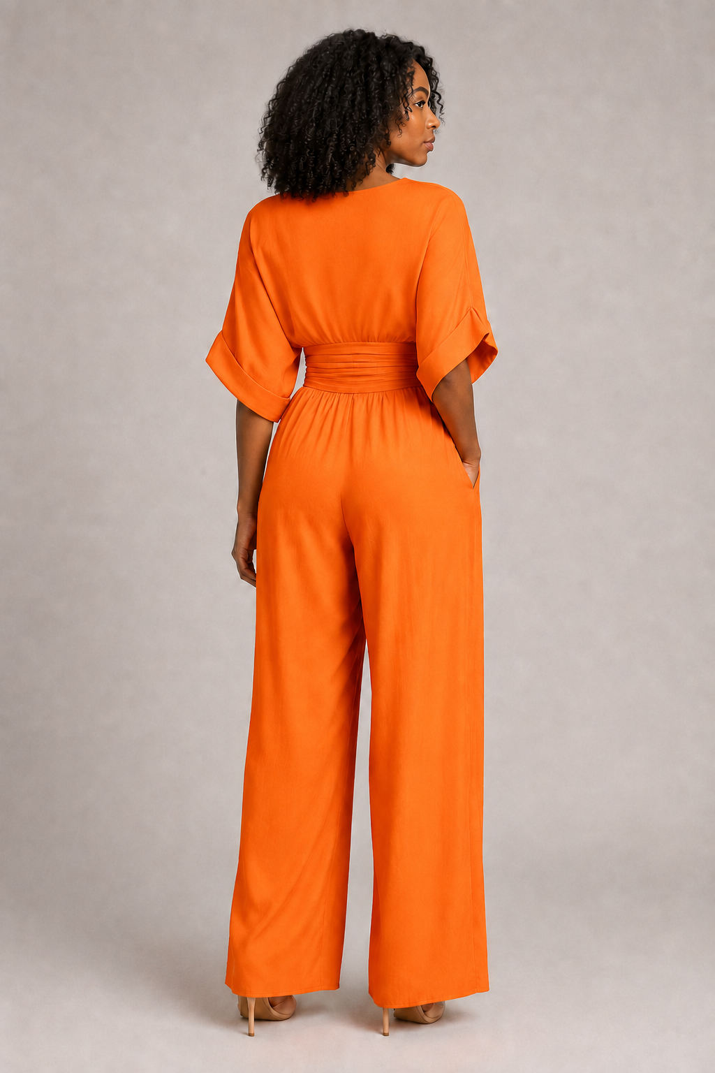 V-Neck High-Waisted Wide-Leg Jumpsuit in Orange, back view