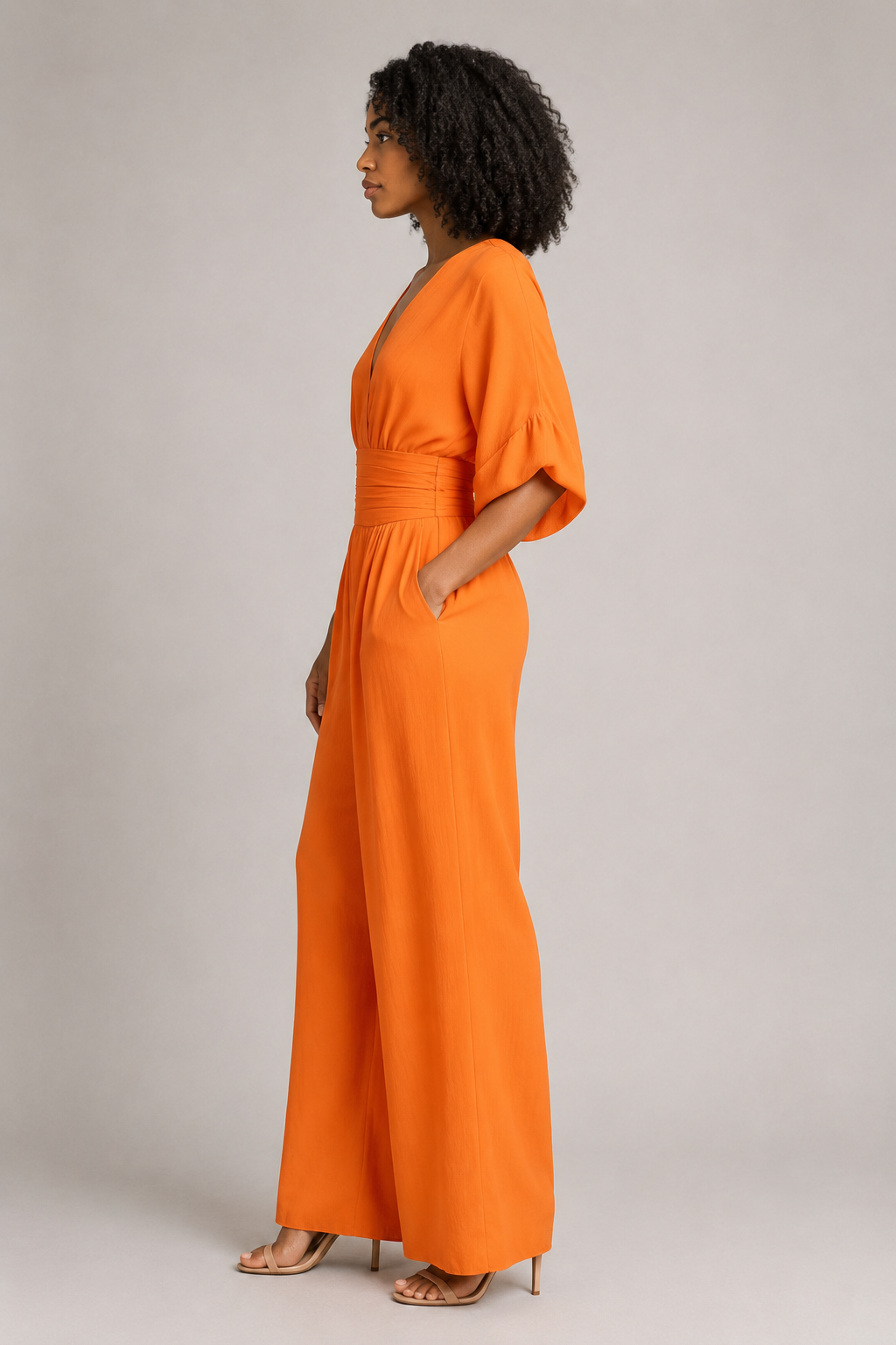 V-Neck High-Waisted Wide-Leg Jumpsuit in Orange, side view