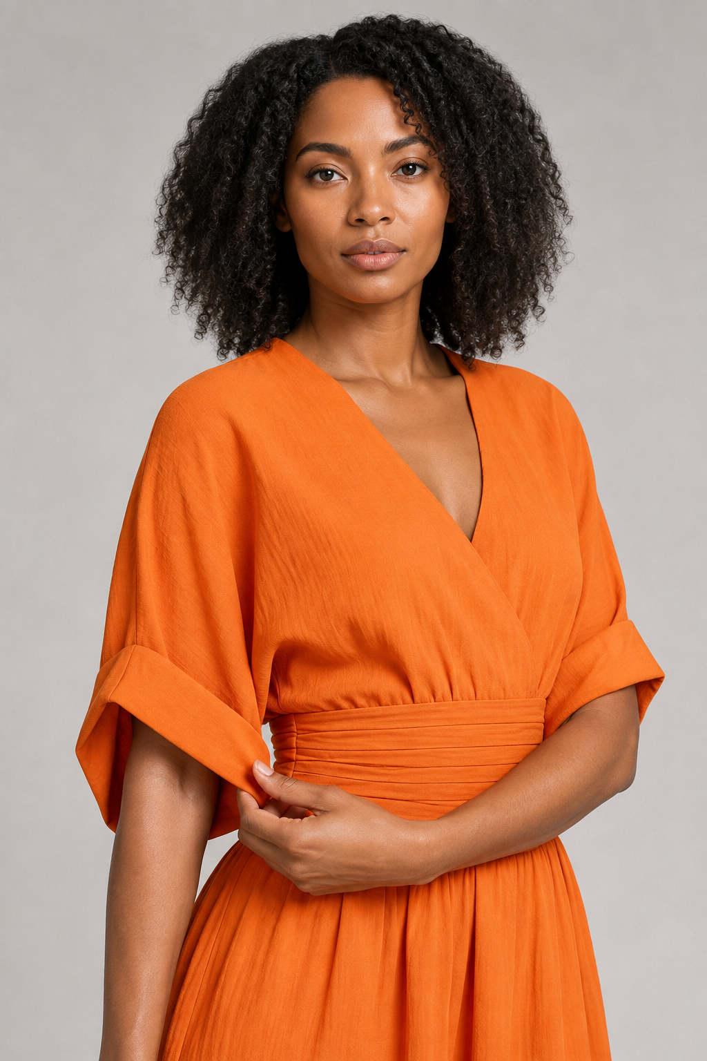 V-Neck High-Waisted Wide-Leg Jumpsuit in Orange, fabric detail