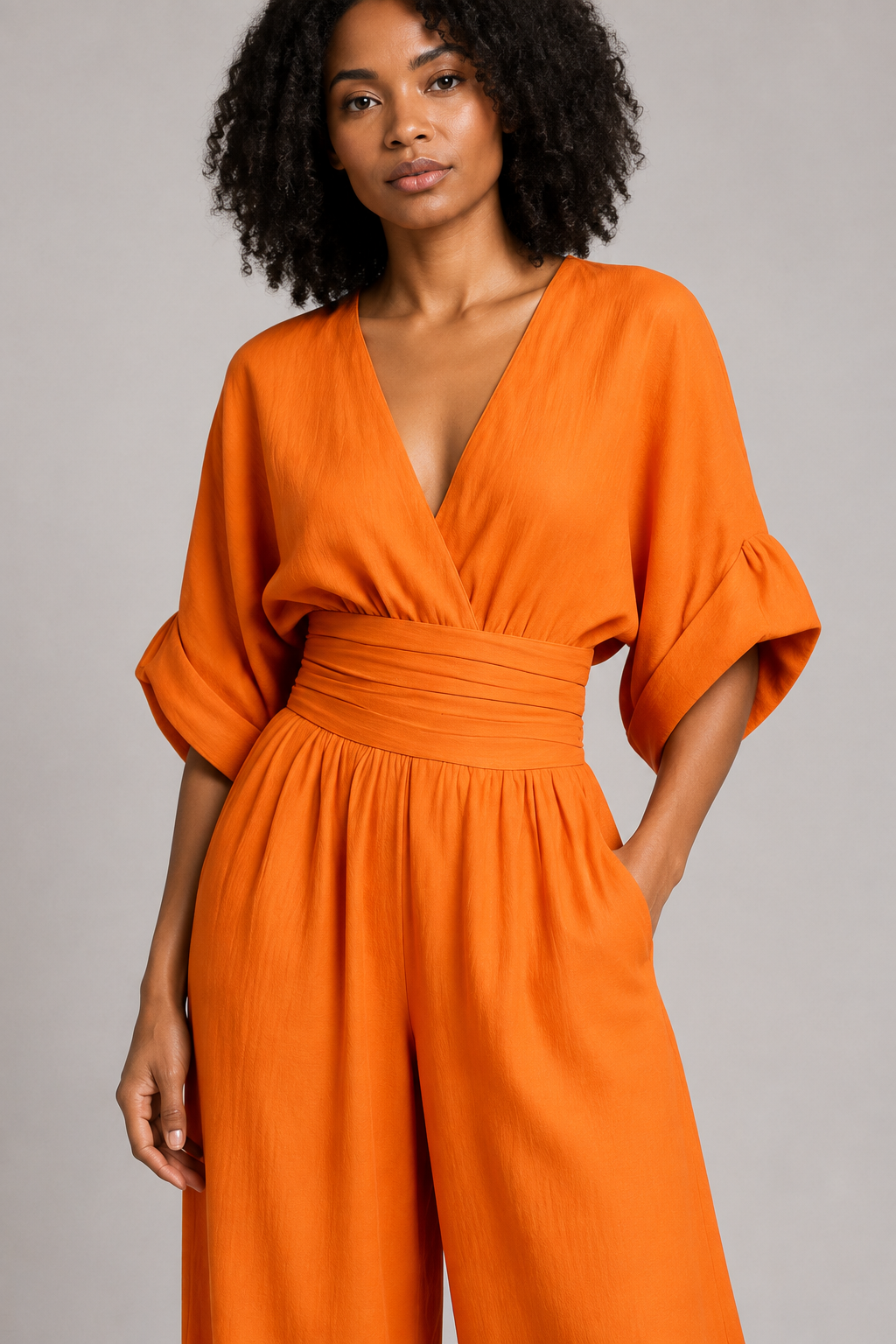 V-Neck High-Waisted Wide-Leg Jumpsuit in Orange, waistband construction detail