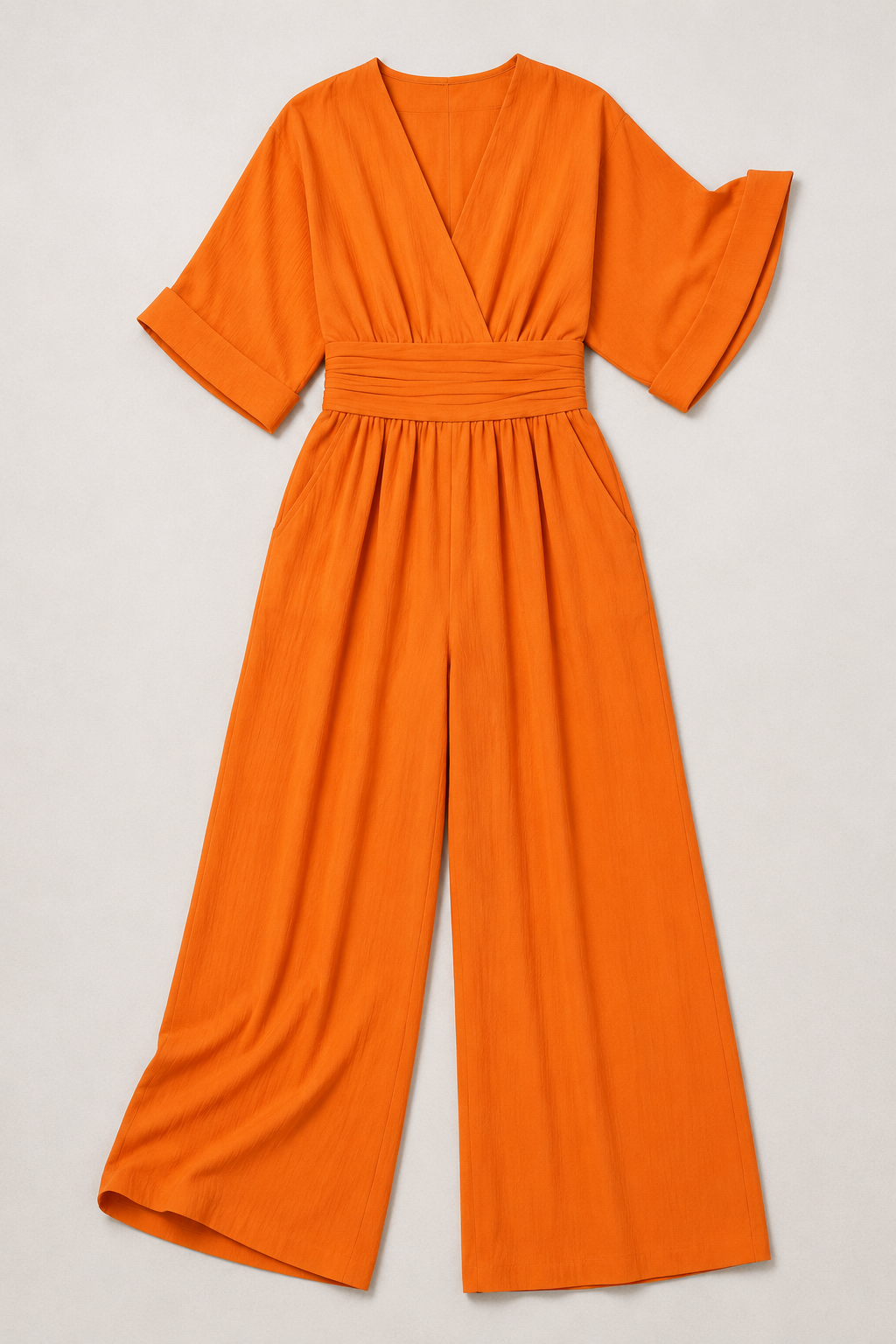 V-Neck High-Waisted Wide-Leg Jumpsuit in Orange, flat lay