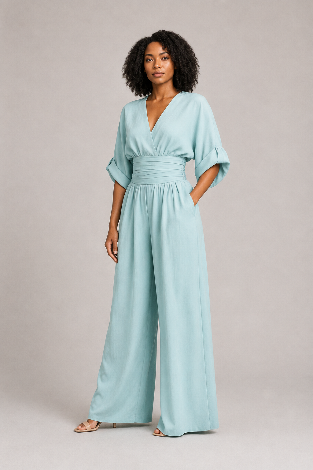 V-Neck High-Waisted Wide-Leg Jumpsuit in Peacock Blue, front three-quarter view