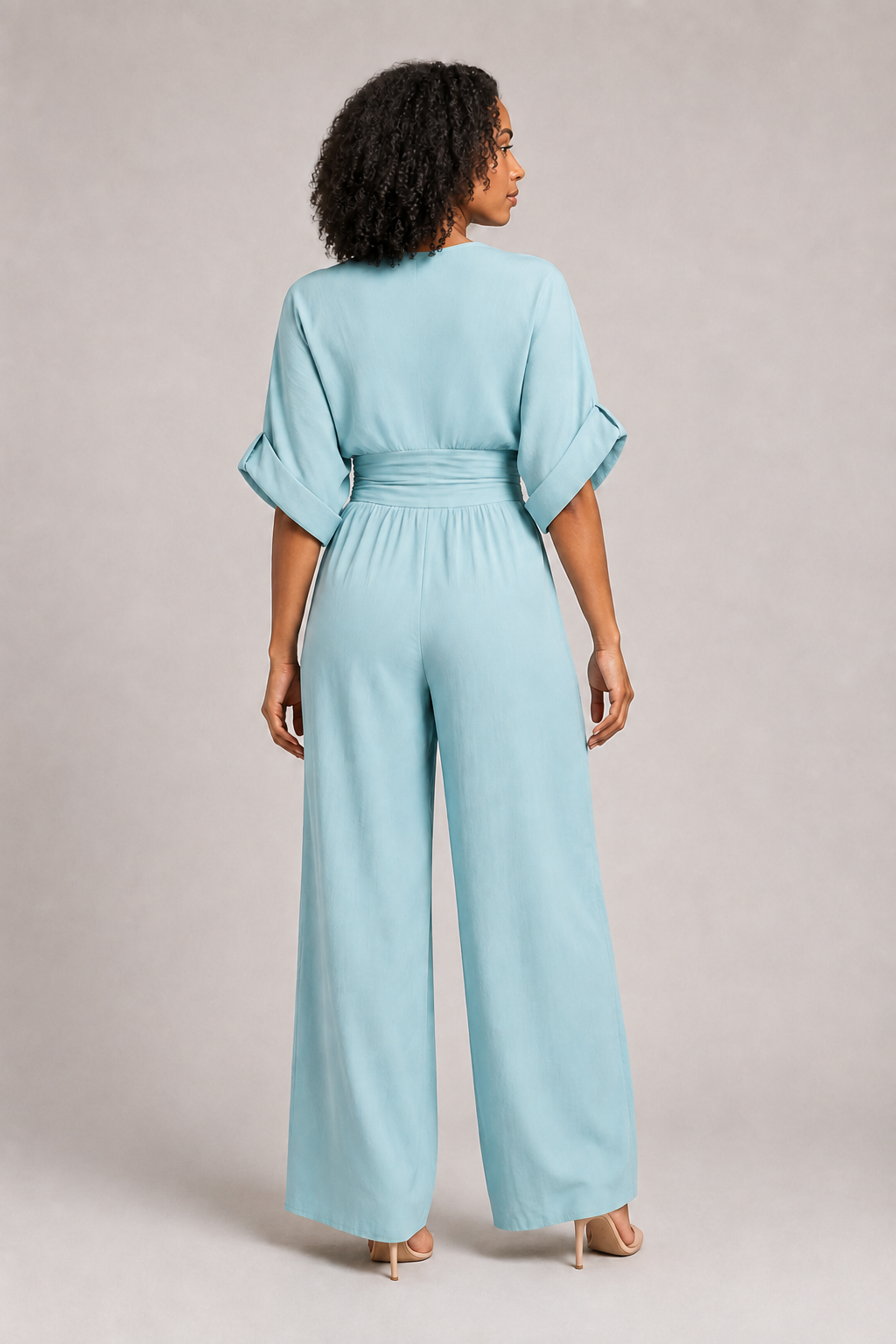 V-Neck High-Waisted Wide-Leg Jumpsuit in Peacock Blue, back view
