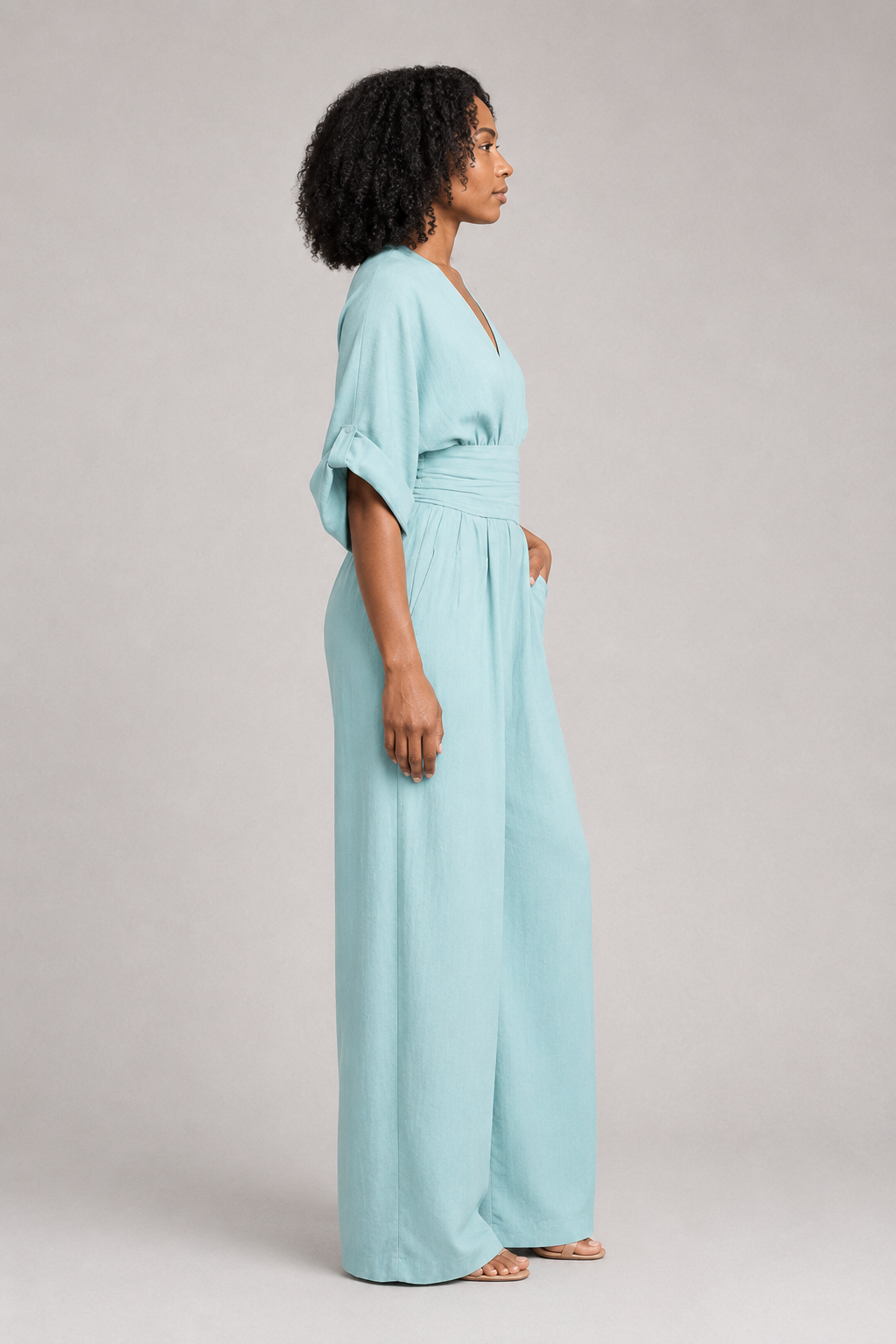 V-Neck High-Waisted Wide-Leg Jumpsuit in Peacock Blue, side view